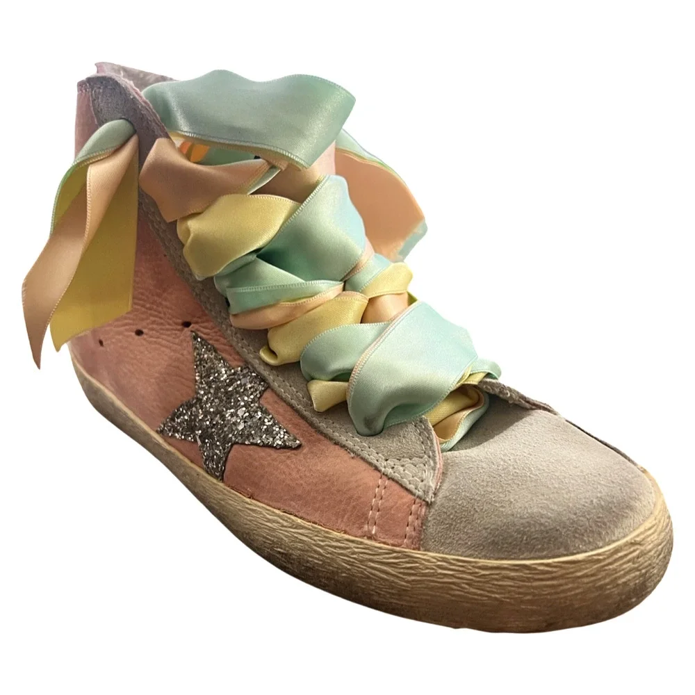 Golden Goose Francy High Top Pink Sneakers Pastel Rainbow Ribbon Laces sz 8 / 39